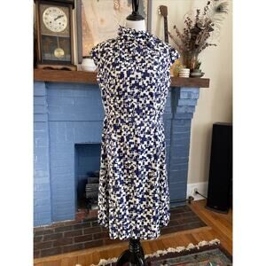 VINTAGE 50s 60s Pencil Dress Handmade MCM Navy White Retro Hand Sewn M L